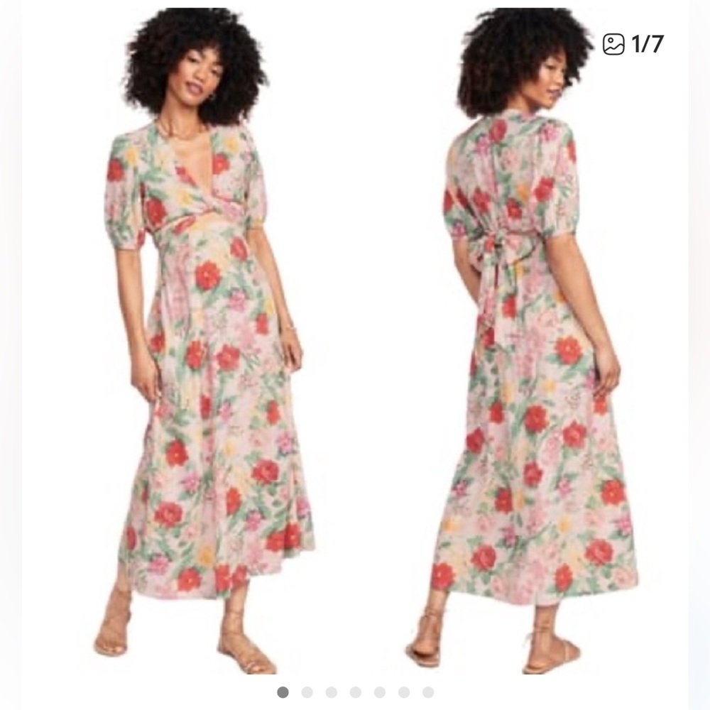 Old Navy Multiflora Linen Fit & Flare Midi Dress - Pink, Green & Coral L